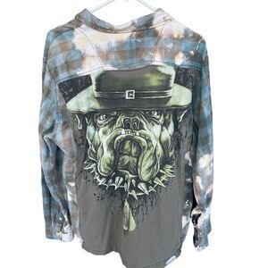 Folktown Shirt Mens Large Button Up Flannel Tie Dye Plaid Marine Bulldog Grunge